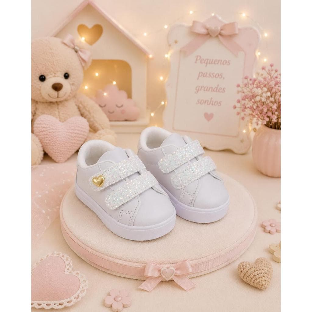Tênis infantil menina branco com gliter fechamento facil enfeite coração presente promoção