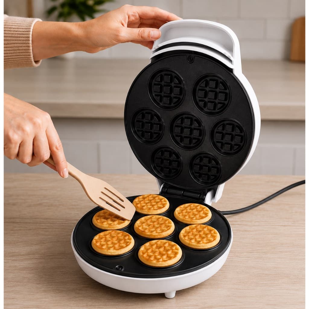 Máquina de Mini Waffles Elétrica 7 Cavidades Antiaderente Grande 220V Faz 7 Mini Waffles Branco e Preto