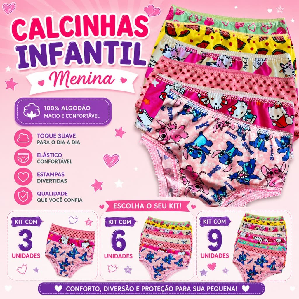 Kit 3 , 6 , 9 Calcinha Infantil Menina 100% Algodão, Conforto, Macio Cores e Estampas Sortidas