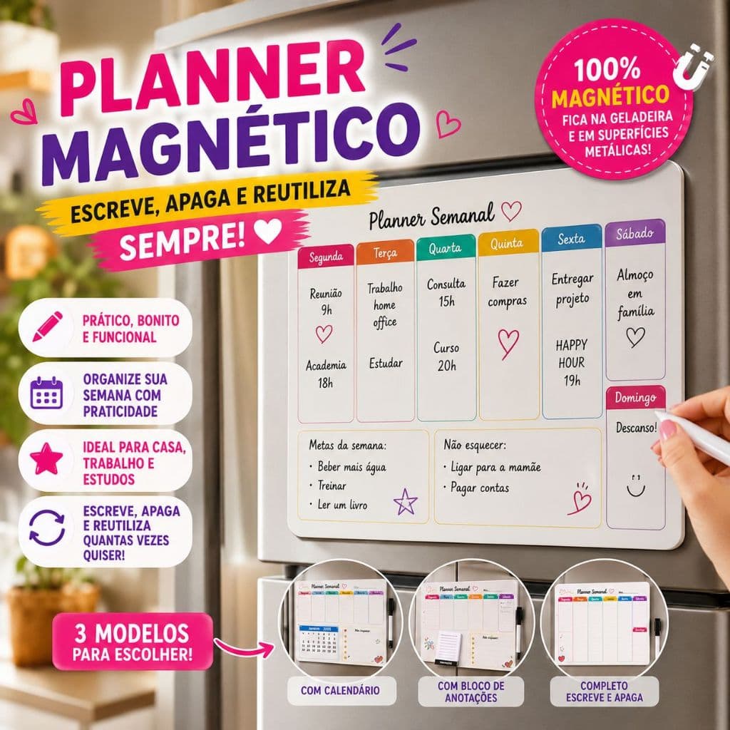 Planner Magnético Lousa Lembrete Imã Geladeira Porta Recados Anotação Semanal Mensal