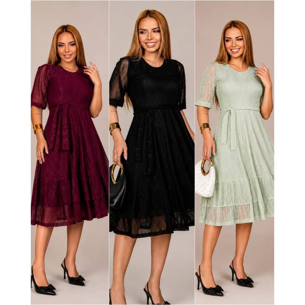 Vestido Midi Tule Trabalhado Elegante Festa Moda Evangélica Feminino Luxo com Faixa e Forro Premium