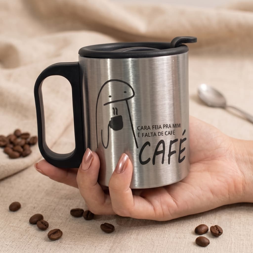 Caneca Inox Pequena 180ml com Tampa Canequinha Meme Flork Cara Feia é Falta de Café