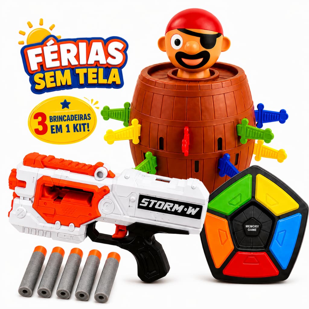 Kit 3 Brinquedos Férias Sem Tela Pula Pirata Jogo Da Memória e Lança Dardos de Espuma