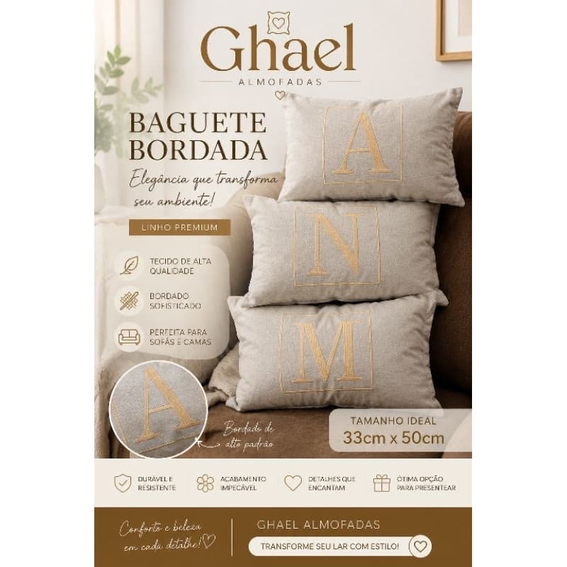 Capa de Almofada baguete bordada no linho sem  enchimento escolha sua letra