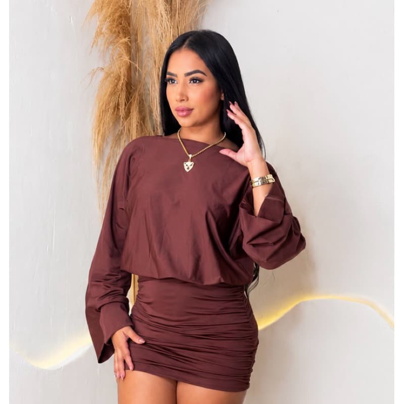Vestido Curto Manga Morcego Bufante Saia Drapeada Franzido Gringa Casual Luxo Outono