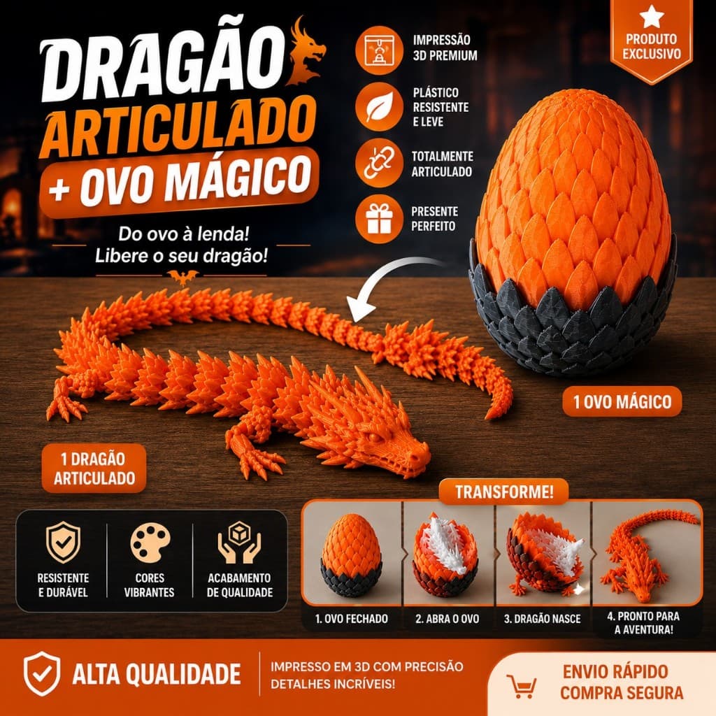 Dragão Articulado 3D + Ovo de Dragão Surpresa | Flexível | Presente Criativo | Decoração Geek | Colecionável Dragão Deco