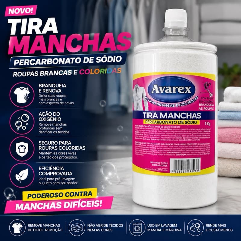 Percarbonato de Sódio Tira Manchas 1kg Roupas Brancas e Coloridas Oxigênio Ativo