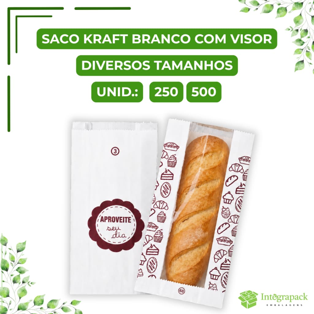 Saco Kraft Branco Com Visor Transparente Embalagem Padaria Confeitaria Food Service Confeitaria