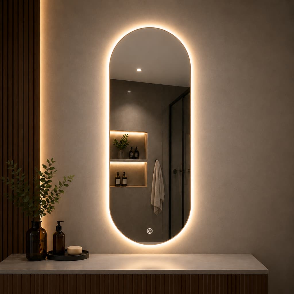 Espelho Led Oval 3 Cores Grande Suporte Fonte Bateria Moderno Banheiro Lavabo Quarto JR
