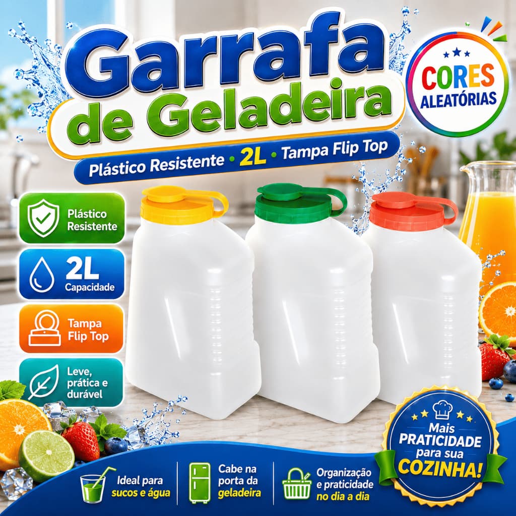 Garrafa Plástica Geladeira 2L Coloridas Resistente com Tampa Flip Top Domestico Água Suco Cozinha