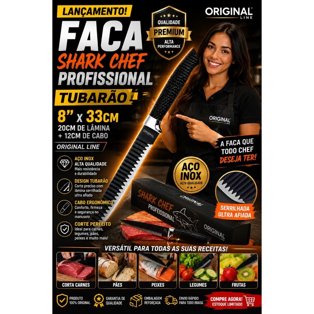 Faca Shark Chef Profissional Tubarão 8'' x 33cm - ORIGINAL LINE