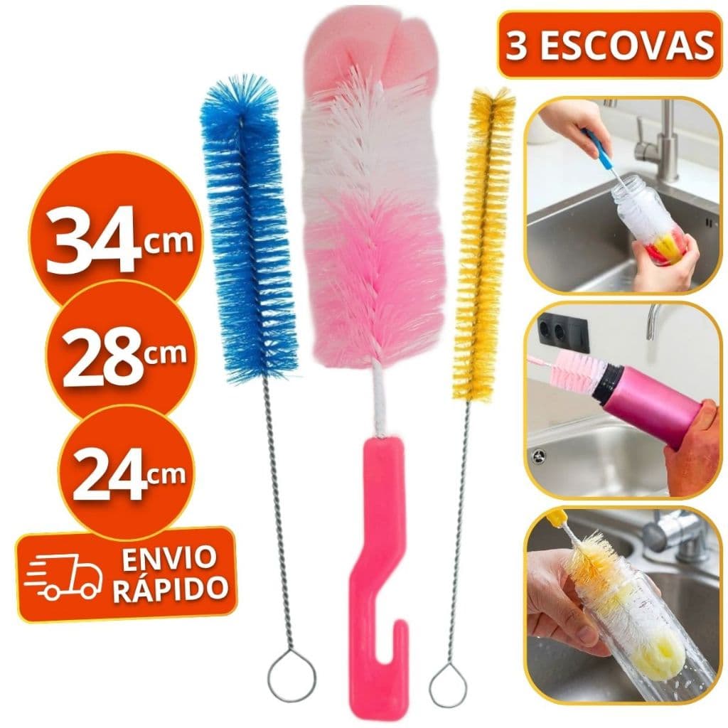 Kit Escovas Lavar Garrafas Com Esponja Mamadeira Canudo