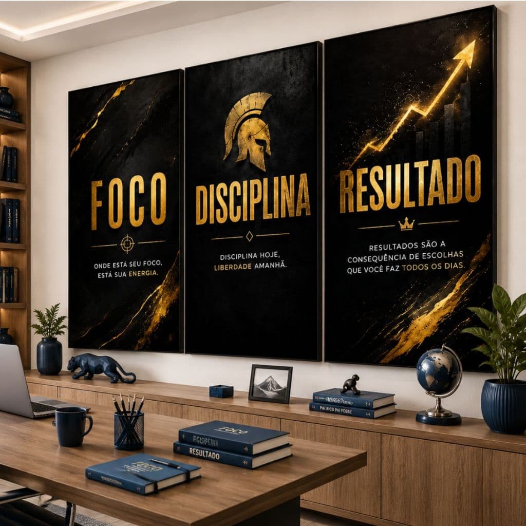 Quadro Decorativo 3 Peças Foco Disciplina Resultado Espartano Preto Dourado Motivacional Premium Sala Quarto Academia