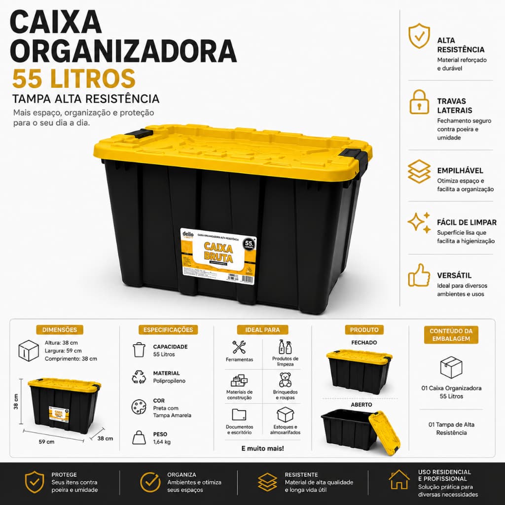 Caixa Organizadora 55 Litros Tampa Travas Laterais Empilhavel Plastico Reforcado Preto Amarelo