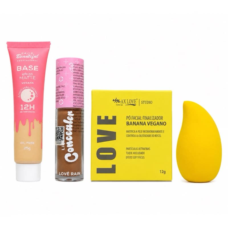 Kit Maquiagem 4 em 1 - Kit de Maquiagem com Base - Contorno Líquido - Esponja Manga e Pó Banana