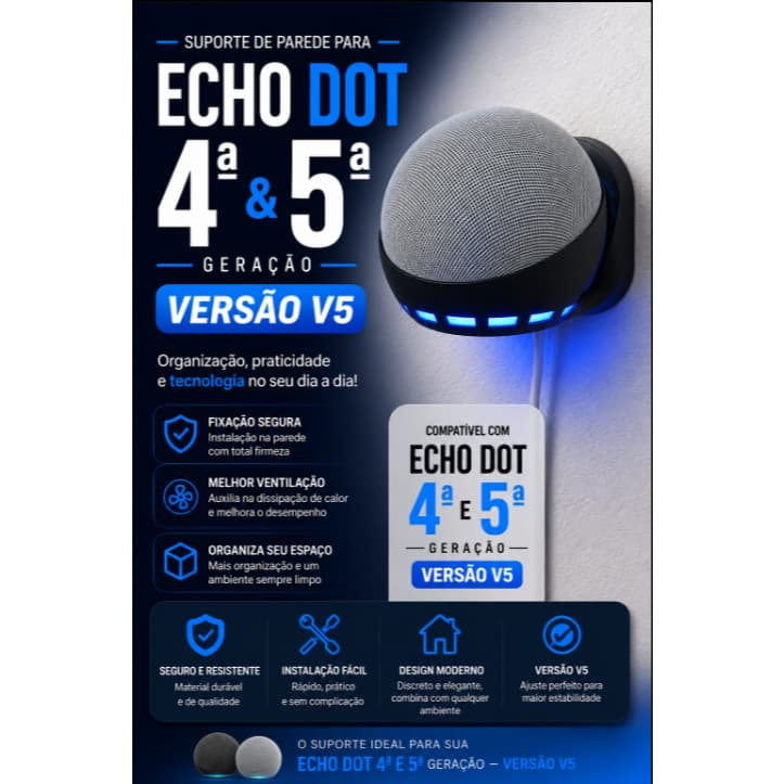 Suporte de Parede para Alexa Echo Dot 4ª 5ª Geração V5 Organizador Base Fixação na Parede Alta Resistência facil instal