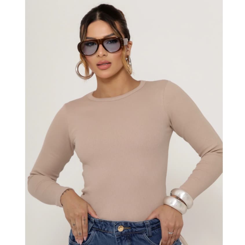 Blusa Nude Feminina Manga Longa Ribana Canelada Básica P M G GG G1 G2