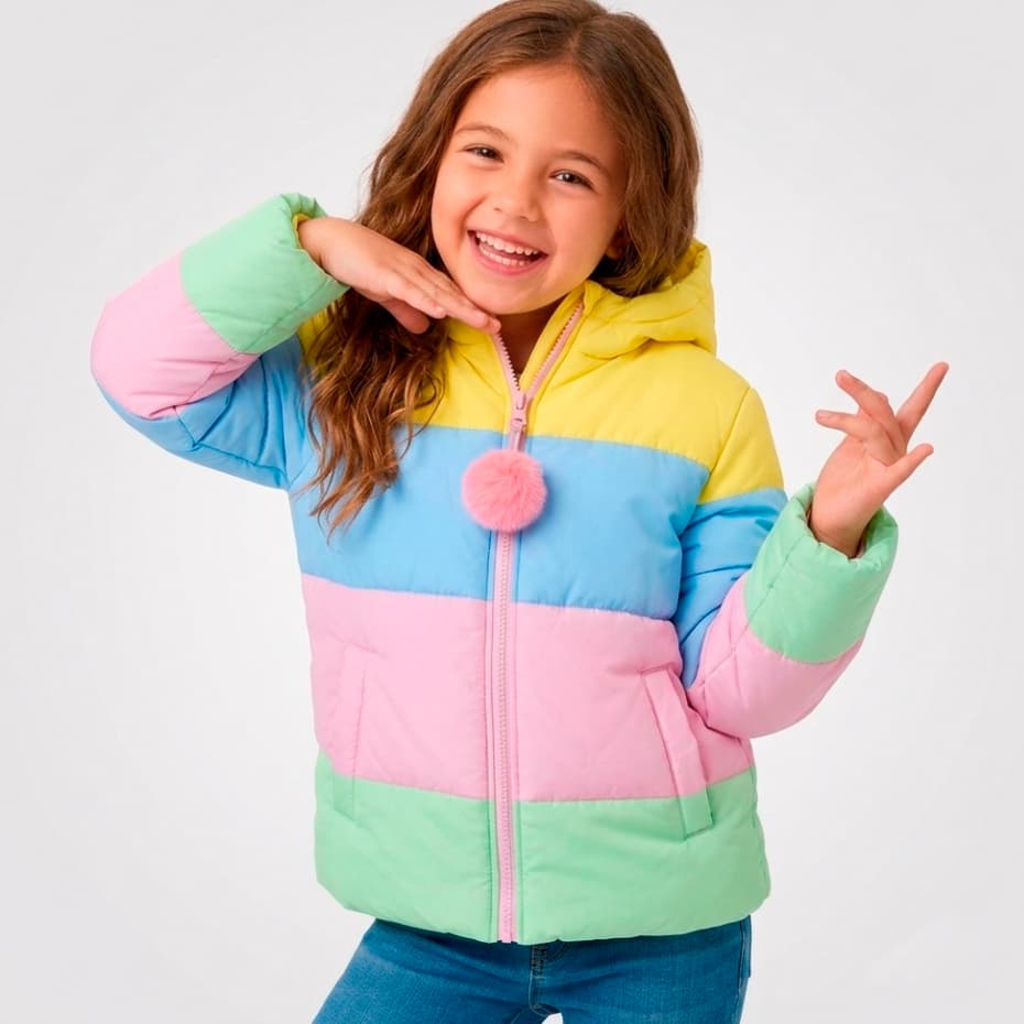 Jaqueta Infantil Feminina Bobojaco Puffer Forrado com Capuz Color Block Frio Intenso Escola 3945