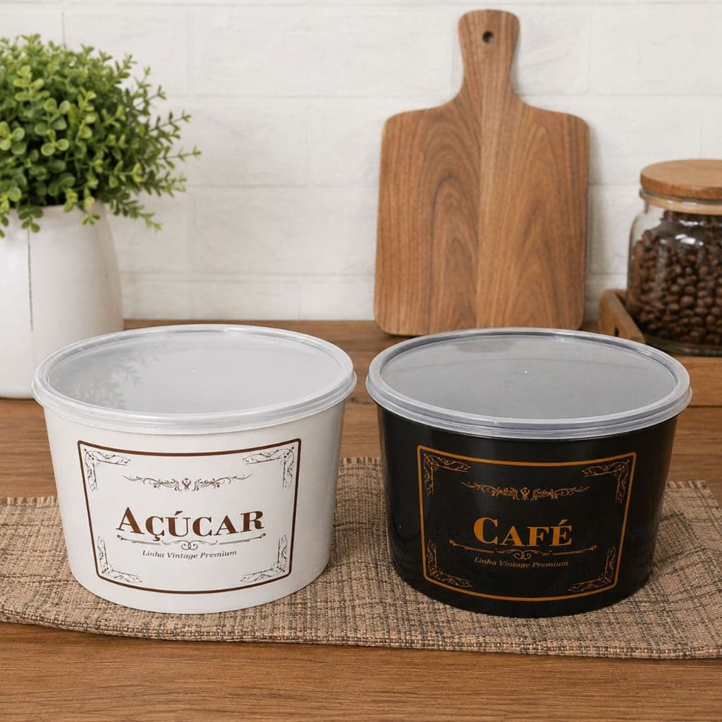 Kit Jogo 2 Pote Hermetico 2L Açucar  Cafe Tampa Transparente Organizador Mantimentos Plástico Vintage Porta Mantimento