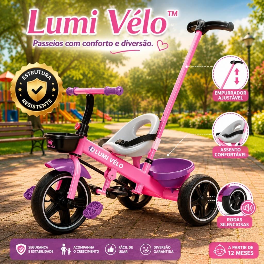 Triciclo Infantil Rosa com Empurrador Ajustável Assento Confortável Rodas Silenciosas para Bebê