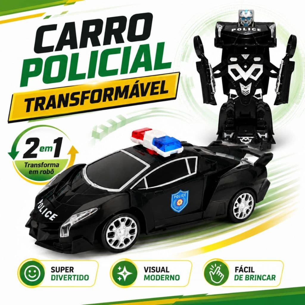Carrinho Robô Venom Policia 2 em 1 Vira Robô com Luz Som Bate e Volta Infantil