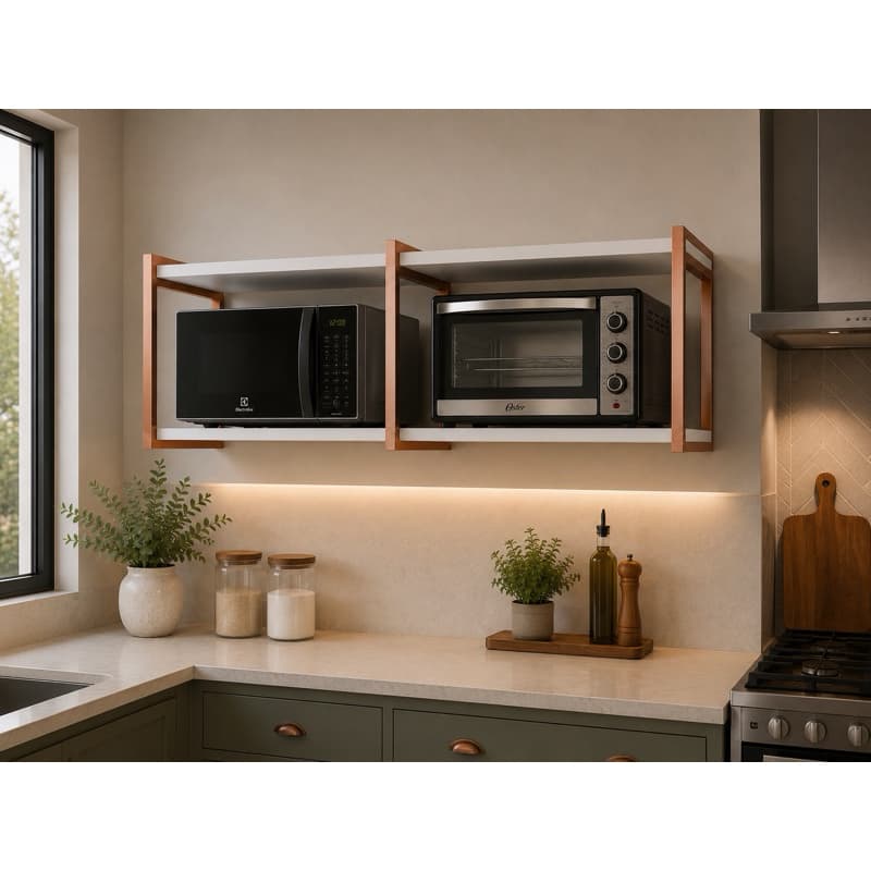 Suporte Nicho Microondas Forno Ferro E Mdf Grande Resistente Rose Gold