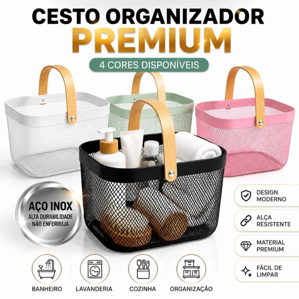 Cesto Organizador Multiuso Flexível Em Aço Inox Com alça Moderno Espaçoso