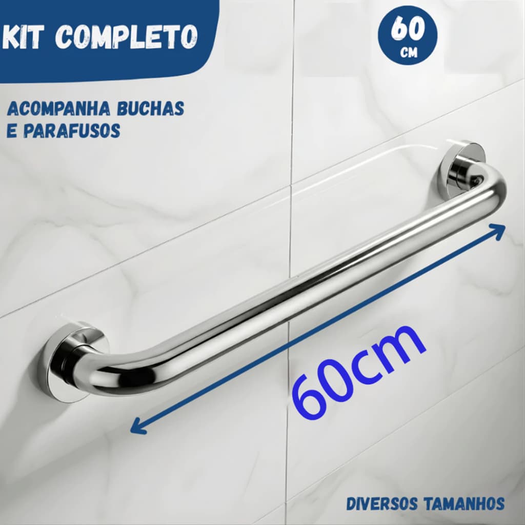 Alça de Apoio Banheiro Barra Inox 60cm -Cadeirante Idoso Deficiente Acessibilidade JH