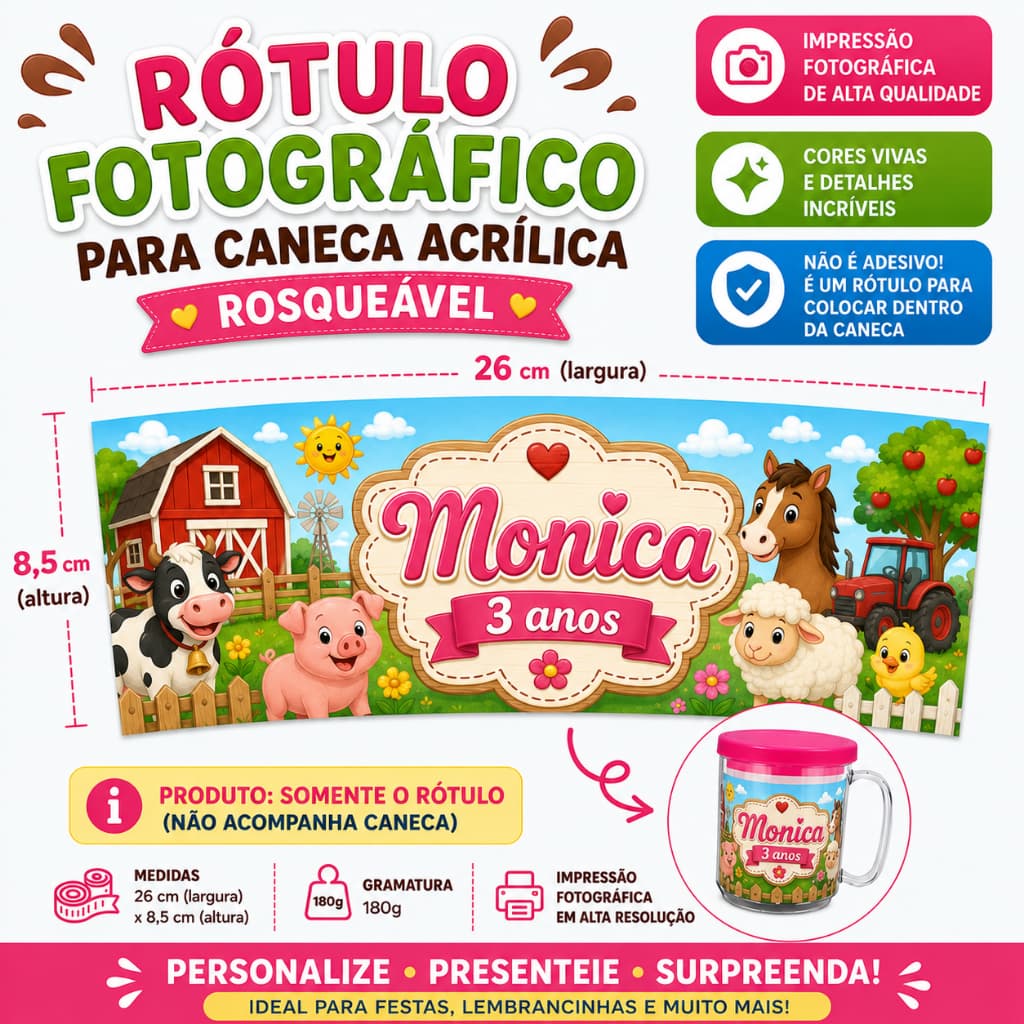 RÓTULO FOTOGRÁFICO PARA CANECA FOTO EM ACRÍLICO ROSQUEÁVEL PERSONALIZADA - 8,5 X 26 CM