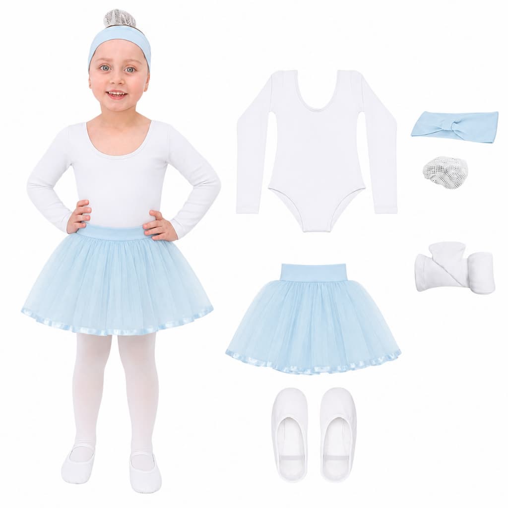 Uniforme Infantil 6 Itens Inverno C/ Collant Manga Longa Branco Suplex e Tulle