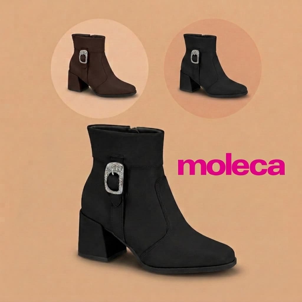 Bota Feminina Moleca Casual Fivela Strass Coturno Ziper Salto Bloco Confortável Original