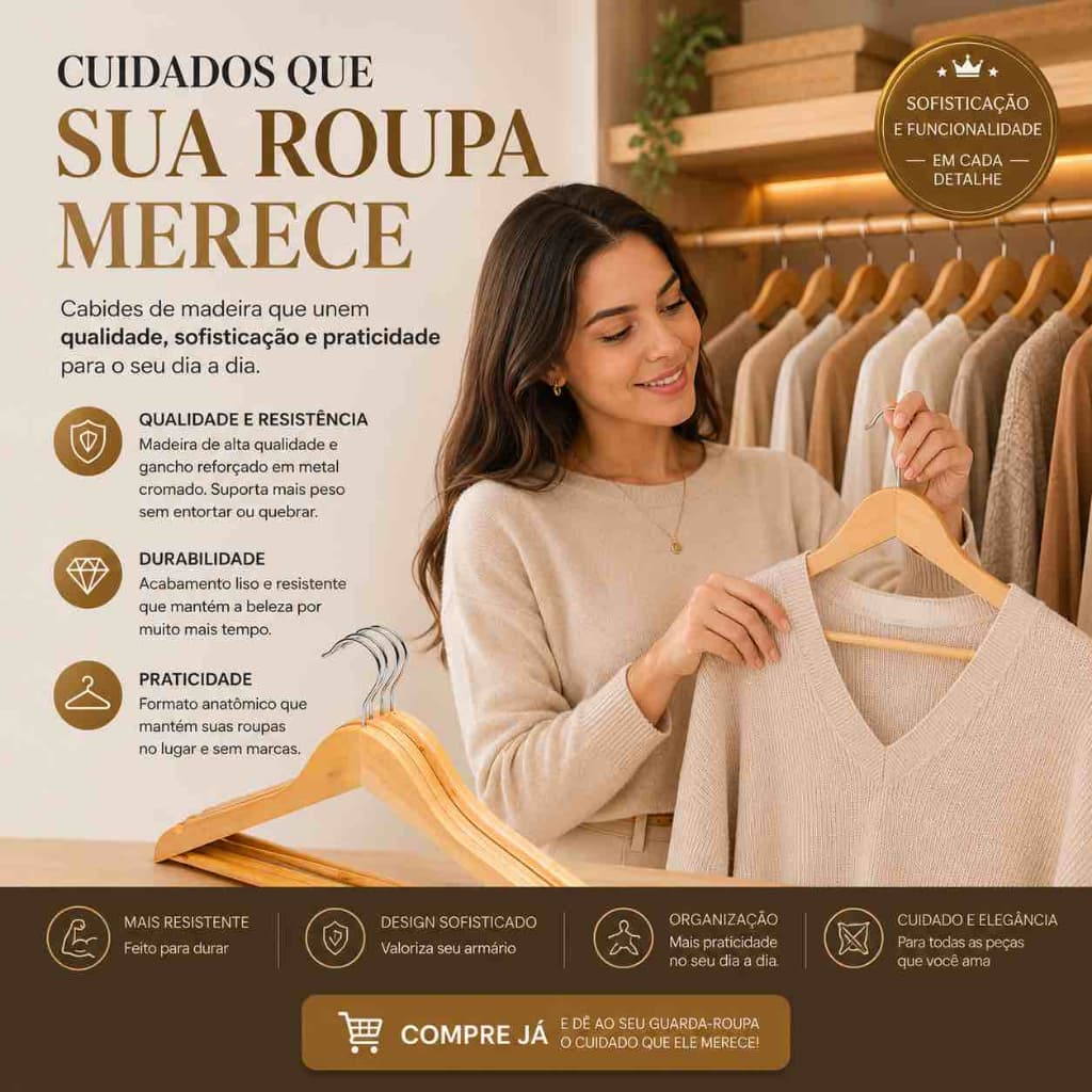 Kit 3 Cabides Madeira Maciça Verniz Acabamento Fino Organizador Roupas Closet