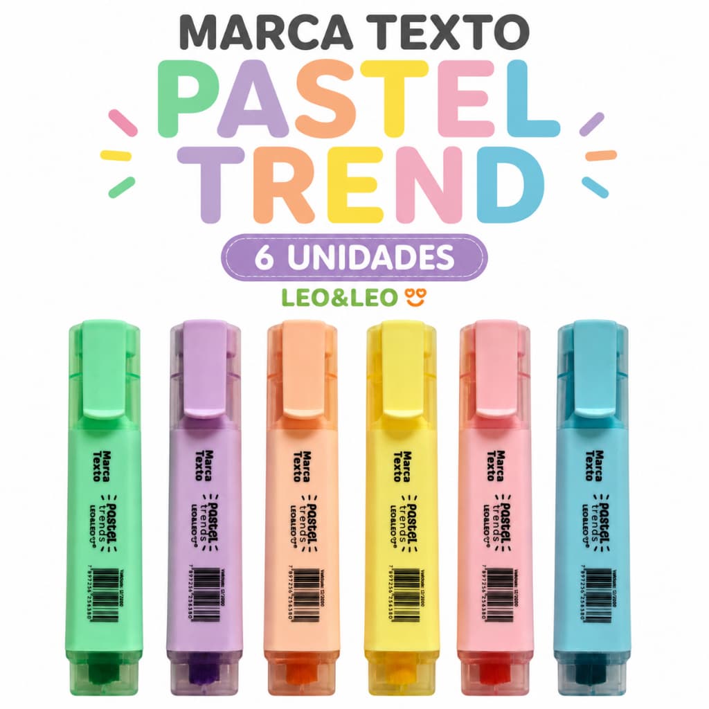 Canetas Marca Texto Pastel Trend 6 unidades Leo e Leo Soft Touch Ponta Chanfrada à Base de Água
