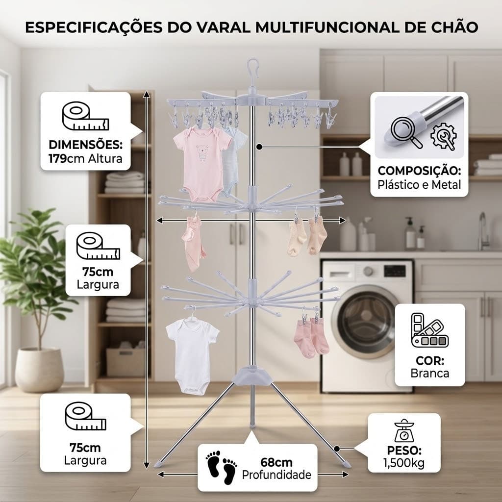 Varal De Chão Dobrável Giratório Prático Apartamento Lavanderia Branco