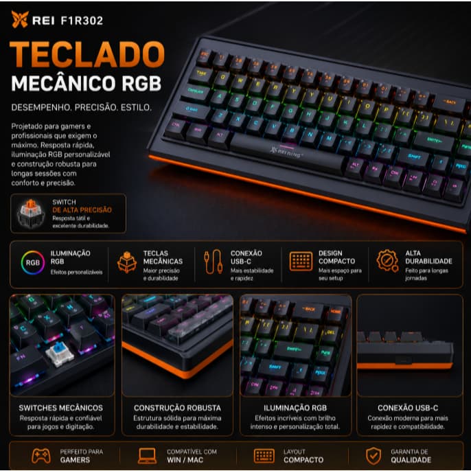 Teclado Mecânico RGB 68 Teclas ABNT2 Switch Azul USB Gamer 65% Compacto