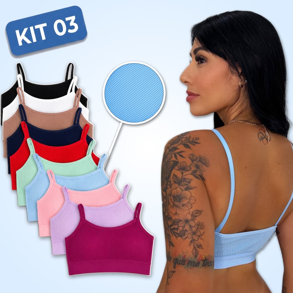 Kit 3 Top Canelado com Bojo Removível Alça Ajustável Fitness Academia