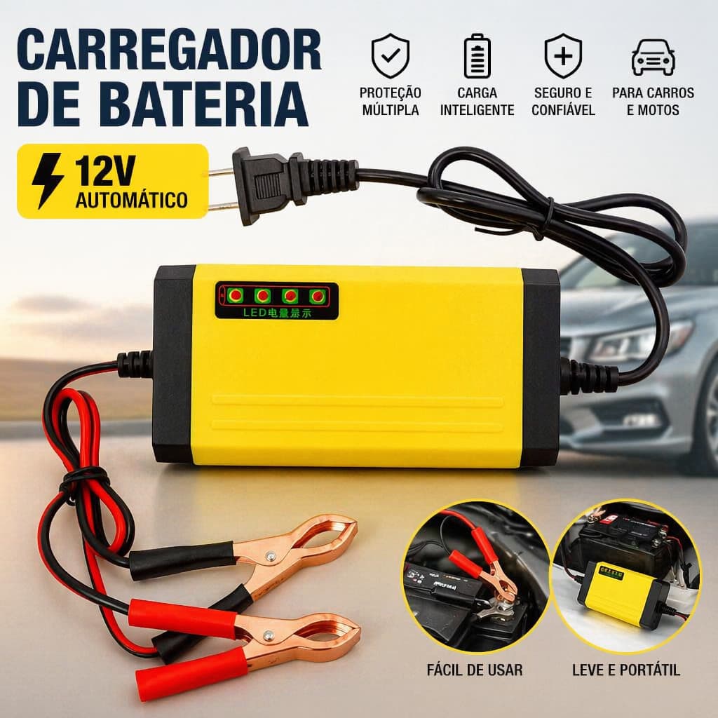 Carregador Bateria Veicular 12V 2A-3A Inteligente Para Carro Caminhão Manutenção Automática