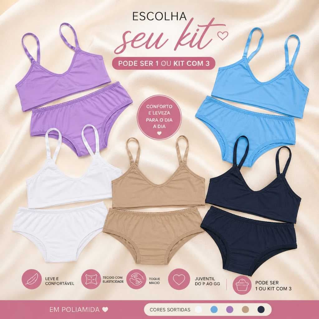 Kit 1/3 Conjunto Menina Moça Sutiã Calcinha Juvenil Poliamida Conjunto S/ Bojo Junevil Escola Menina