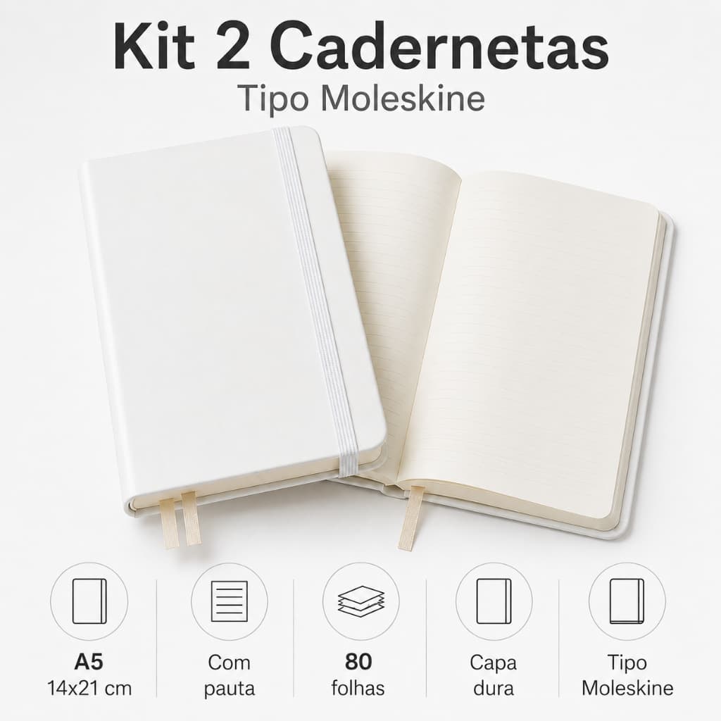 Kit 2 Cadernetas Tipo Moleskine Branca A5 Caderno Executivo com Pauta Capa Dura Premium 80 Folhas
