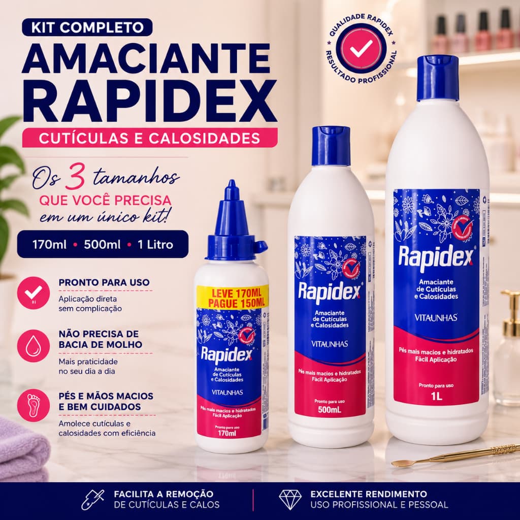 Kit 03 Amaciantes de Cutículas e Calosidades Rapidex Líquido Profissional Sem Água Para Manicure Pedicure Podologia