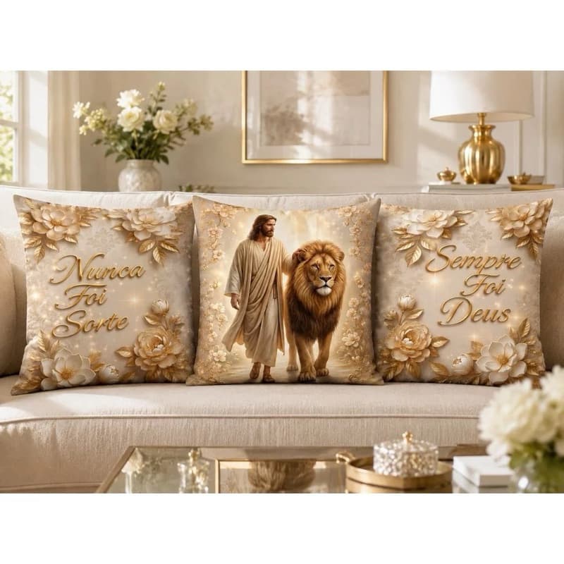 Kit 3 Capas de Almofadas Jesus caminhando com Leão 45x45 - Estampada Decoração Sala