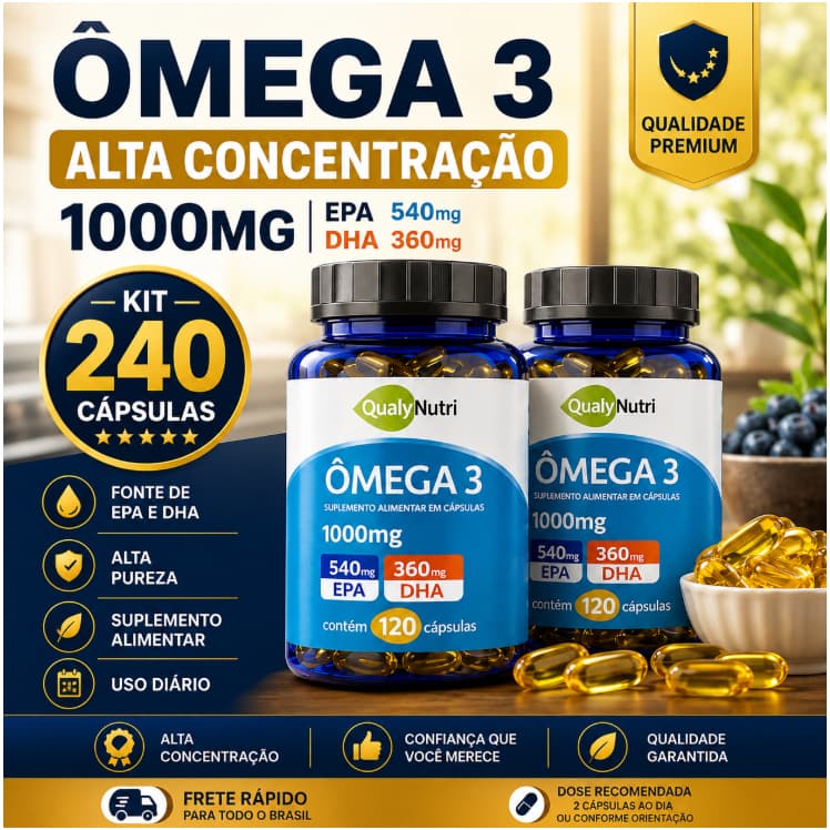 Ômega 3 1000mg 240 Cápsulas Tripla Fonte EPA 540mg DHA 360mg Óleo de Peixe de Alta Concentração