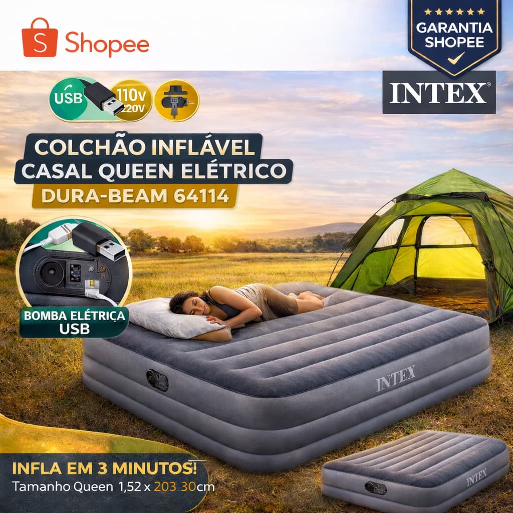 Colchão Inflável Casal Queen Intex Dura-Beam 64114 com Bomba Elétrica USB Bivolt 1,52x2,03x30cm