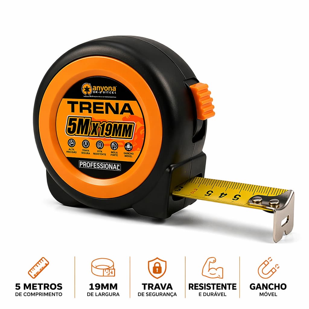 Trena Profissional 5m Aço Com Trava E Gancho Para Medição Precisa Construção Obras