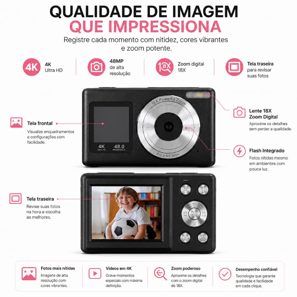Câmera Fotográfica Digital 4K 48MP Portátil Zoom 18X Suporta Cartão SD Vlog YouTube