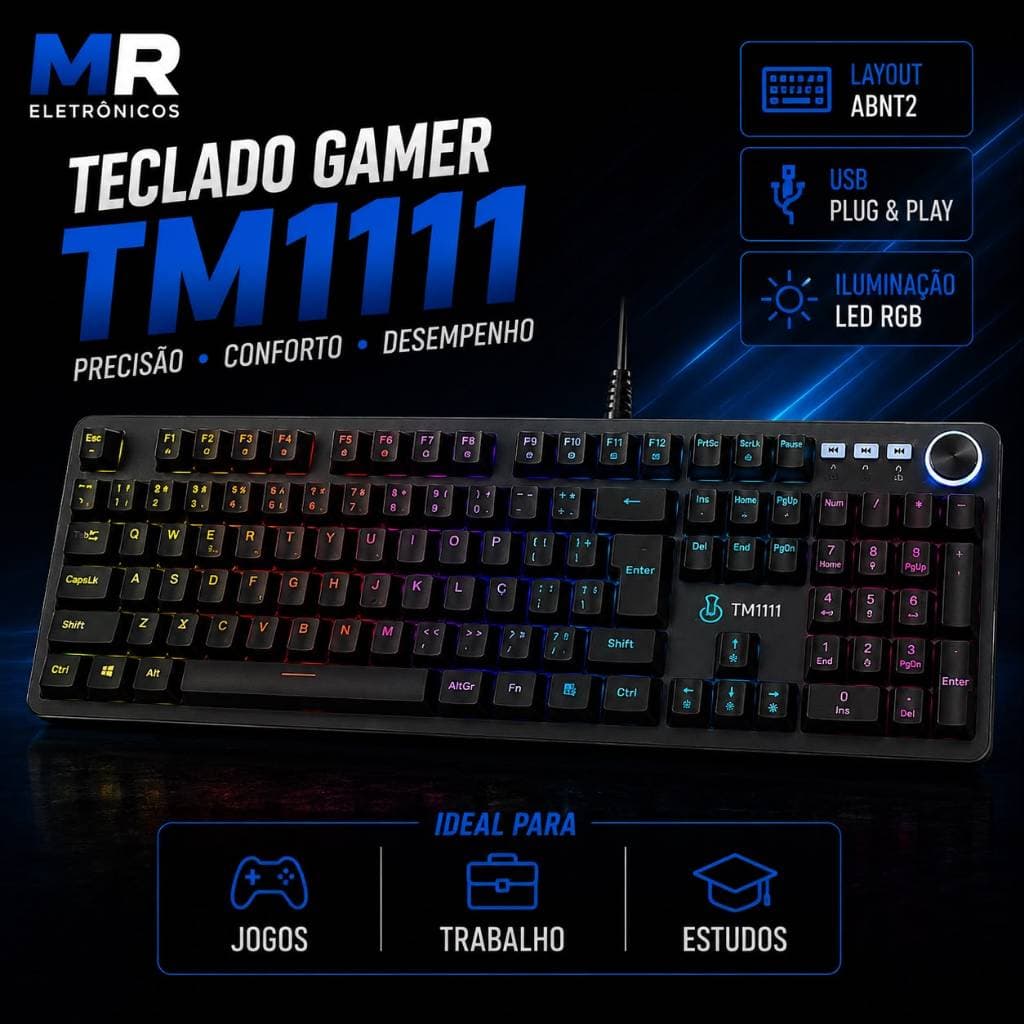 Teclado Mecânico Gamer RGB ABNT2 | Switch Mecânico | USB | LED RGB | Plug & Play | Delta TM1111