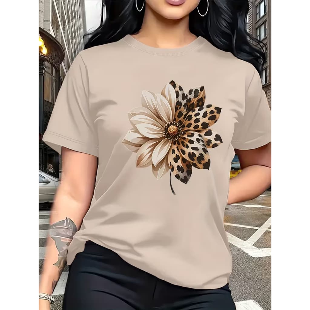 Camisa Feminina Flor Animal Print Estampa Floral Moderna Versátil Manga Curta Verão