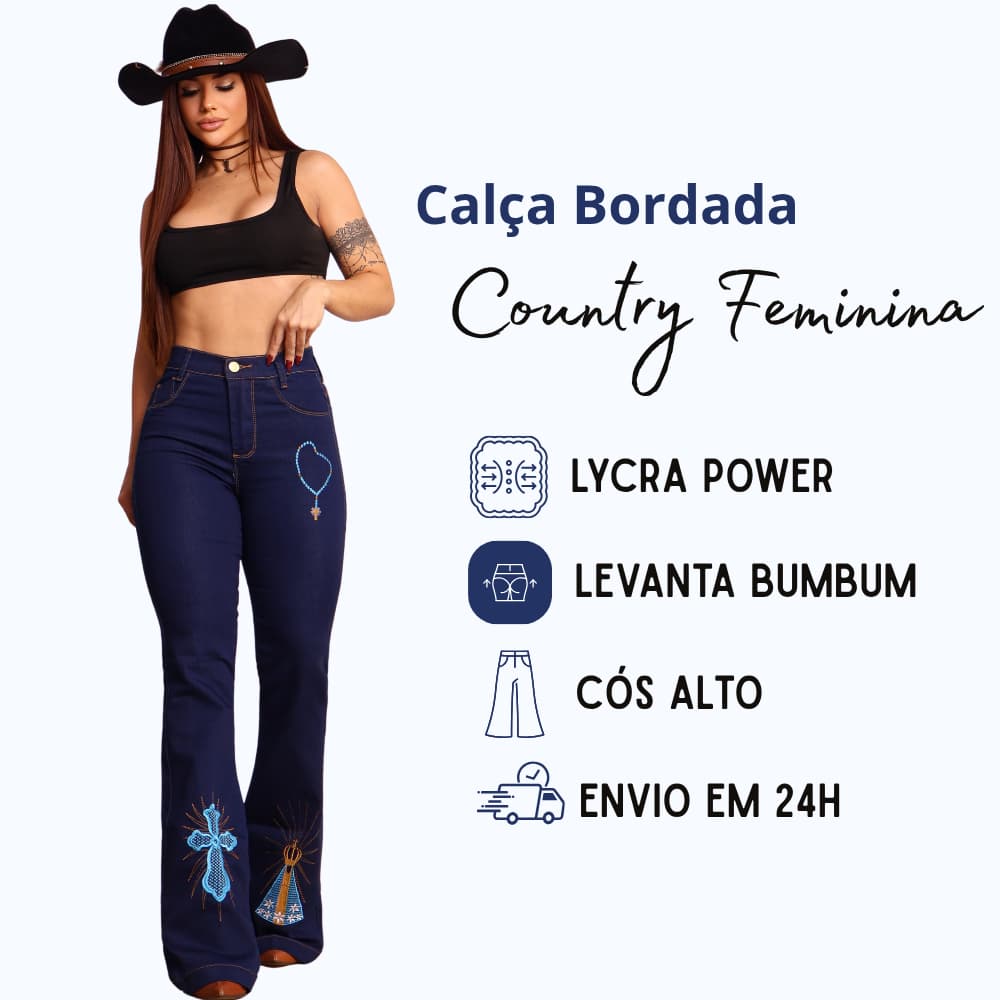 Calça Jeans Feminina Country Boiadeira Bordada Com Elastano Lycra ALTO PADRÃO