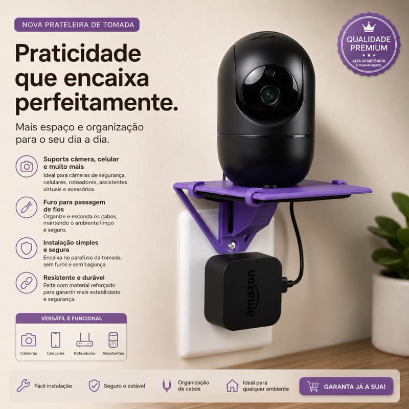 Prateleira de Tomada Universal resistente - Suporte Celular, roteador, Câmera Organizador Fios