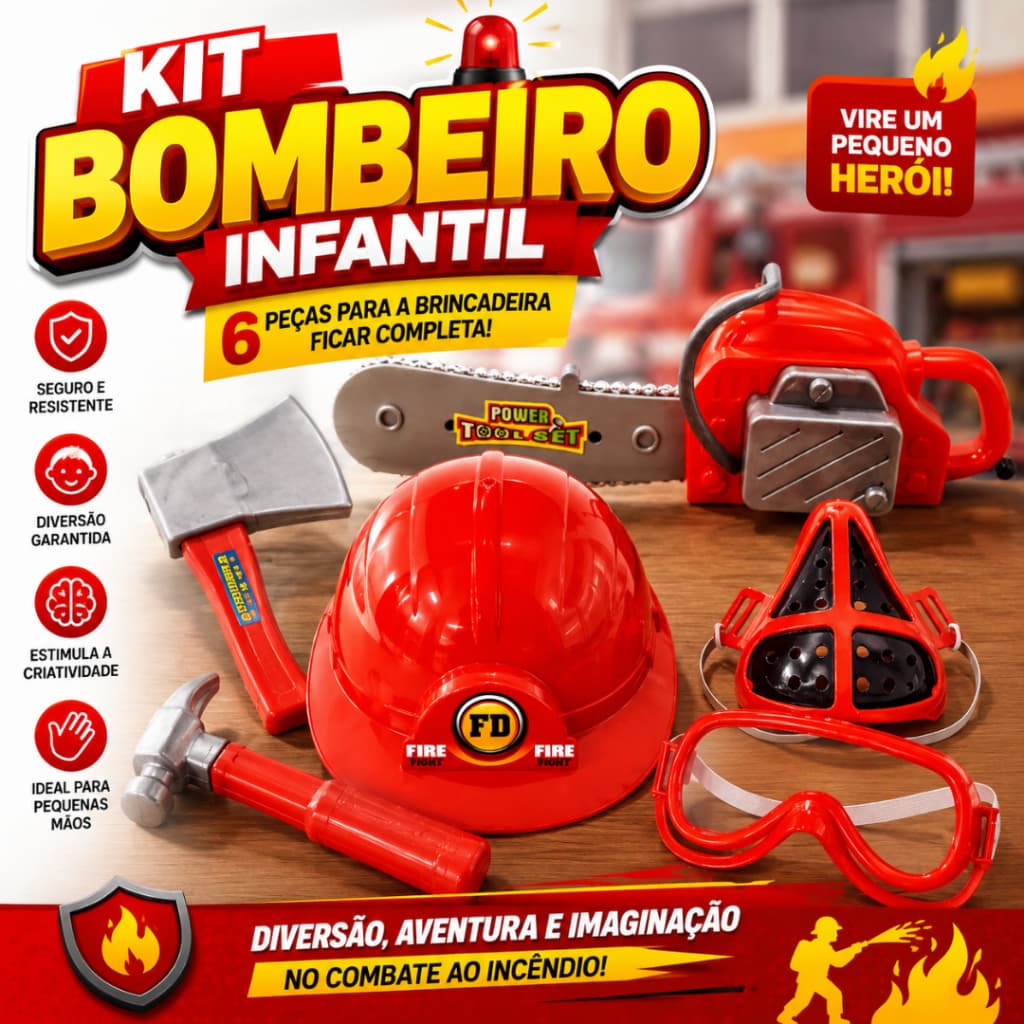 Kit Bombeiro Infantil Fantasia Faz de Conta 6 Peças Capacete de Bombeiro Óculos e Acesssórios